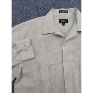 Omega Guayabera Shirt Mens Large Beige Embroidered Long Sleeves Italy Wedding